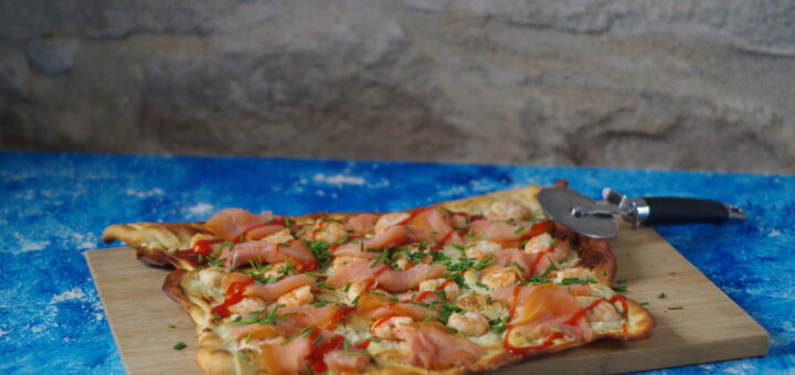 Pizza garnalen en zalm